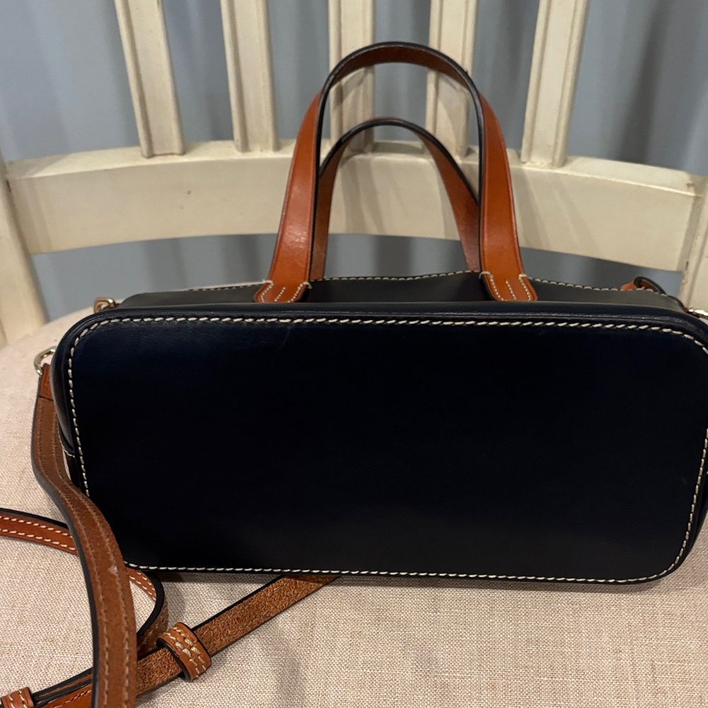 Dooney & Bourke Navy Blue Leather Ruby Dome Satchel with Tan Trim - Picture 5 of 10